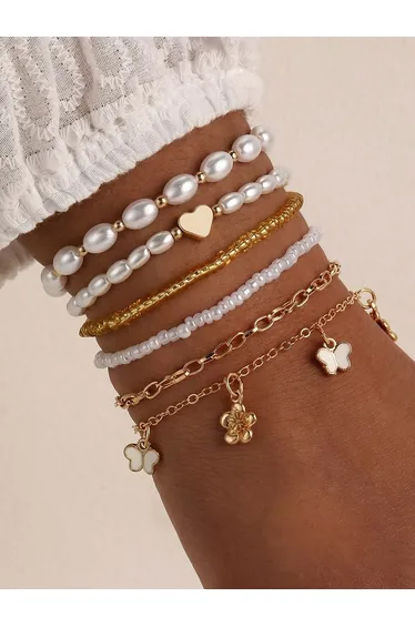 Pack of 6 - Multi-Color Faux Pearl and Charm Bracelet