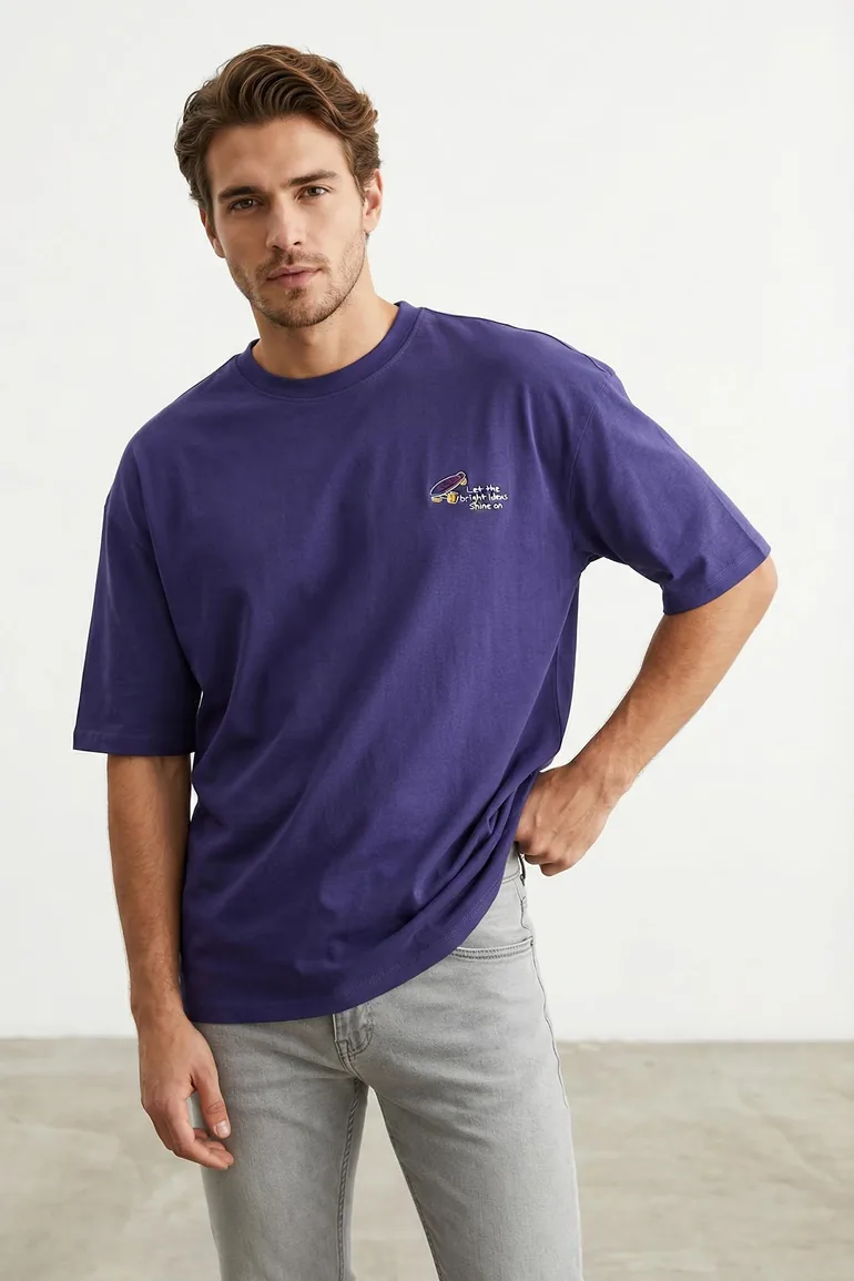 Purple Oversize/Wide Cut Minimal Embroidery 100% Cotton T-Shirt