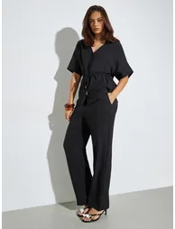 Black Beaded Drawstring Open Collar Top and Pants Set - 2