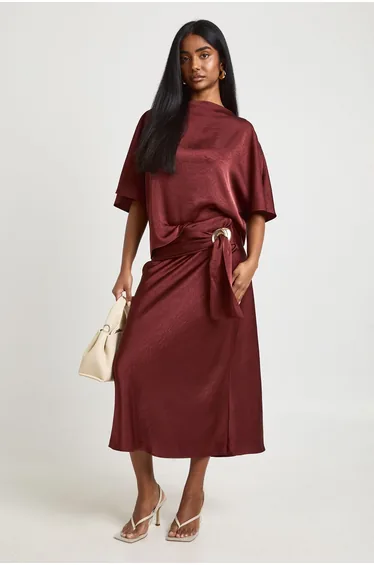 Textured Wrap Satin Midaxi Skirt - terracotta