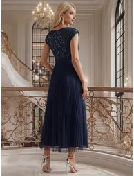 See-through Glitter Cap Sleeve A-Line Wedding Guest Dress - 12