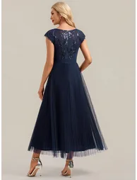 See-through Glitter Cap Sleeve A-Line Wedding Guest Dress - 1
