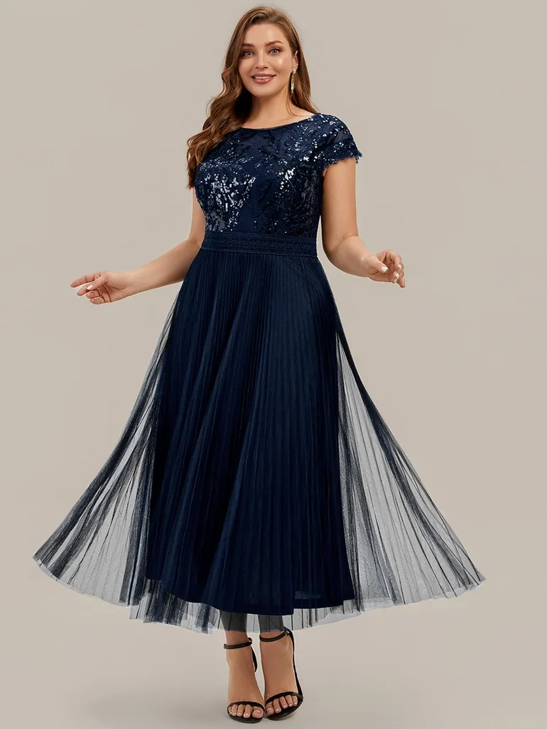See-through Glitter Cap Sleeve A-Line Wedding Guest Dress - 9