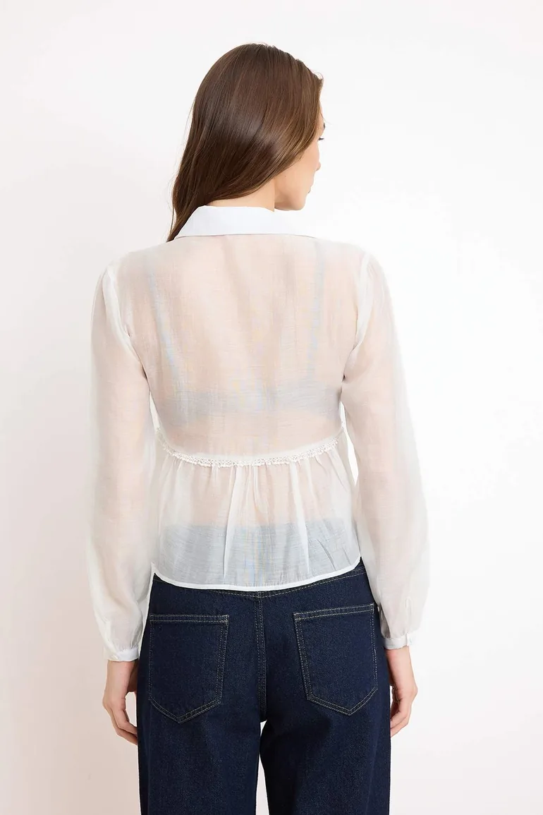 White Lace Paneled Slim Shirt - 2