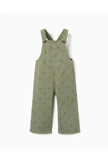 Twill dungarees with floral motif for baby girls, dark green