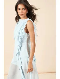 Chiffon High Neck Ruffle Detail Maxi Dress - dusty blue - 3