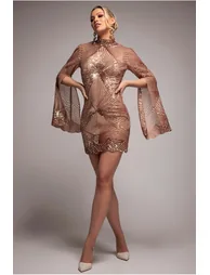 Sequin Starburst Cape Sleeve Mini Dress - Champagne by Goddiva - 4