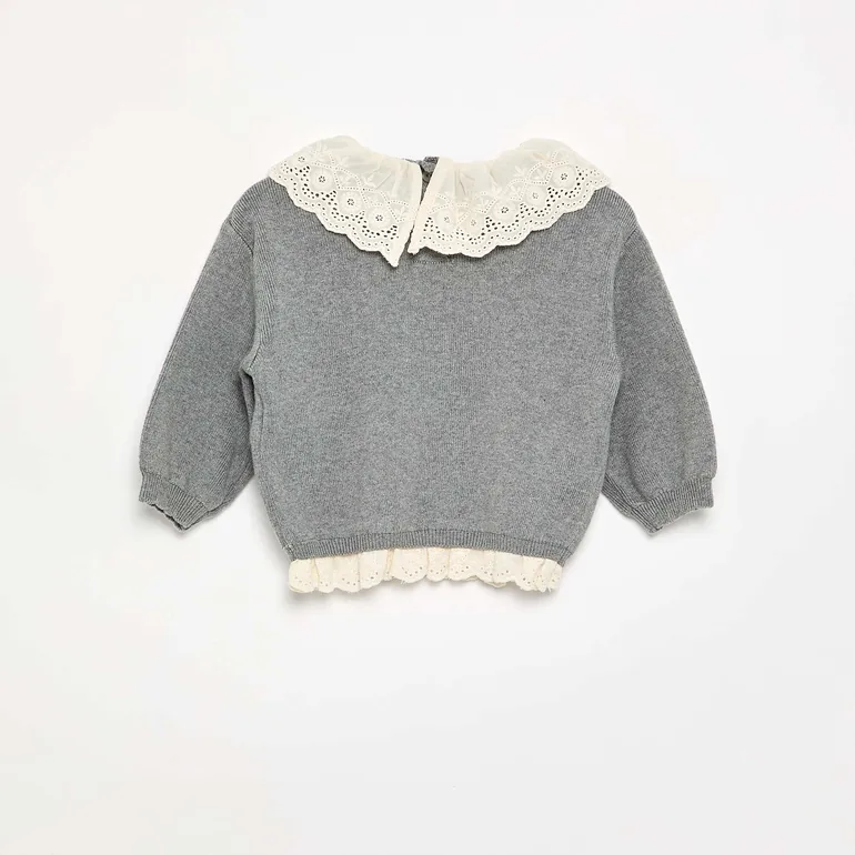 Sweater with charming Broderie Anglaise collar GREY - 1