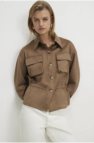 Brown Faux Suede Drawstring Overshirt