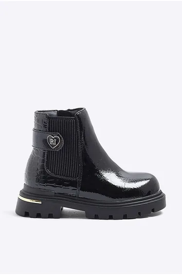 Mini Girls Black Heart Strap Chelsea Boots