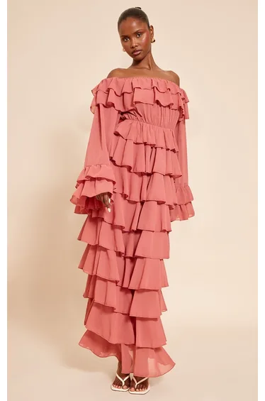 Blush Chiffon Bardot Extreme Frill Maxi Dress