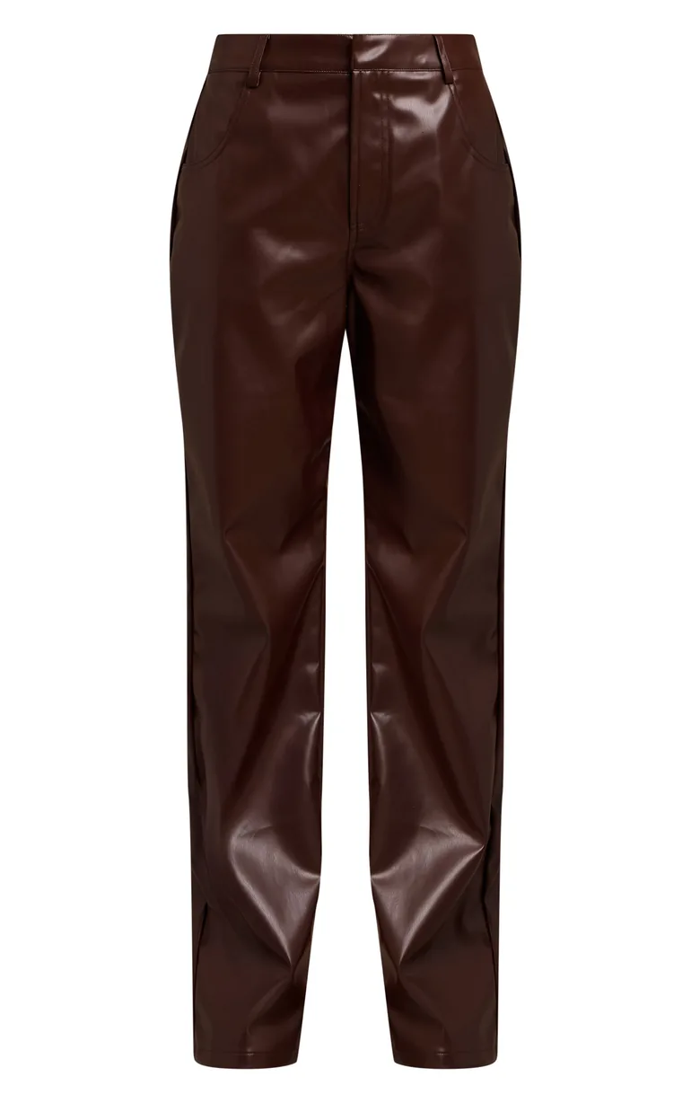 Chocolate Faux Leather Straight Leg Trousers - 4
