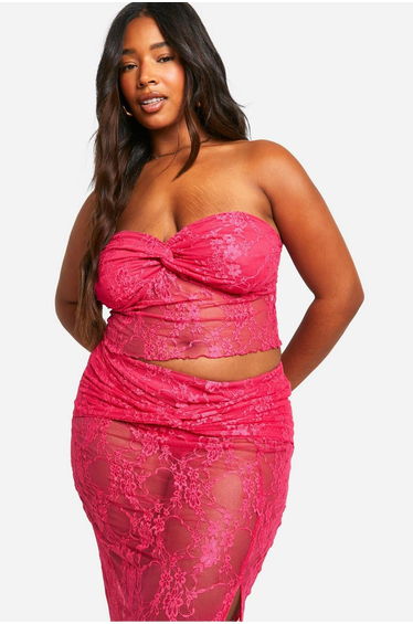 Plus Lace Ruched Bandeau Top & Knot Detail Maxi Skirt Co-ord product thumbnail 4