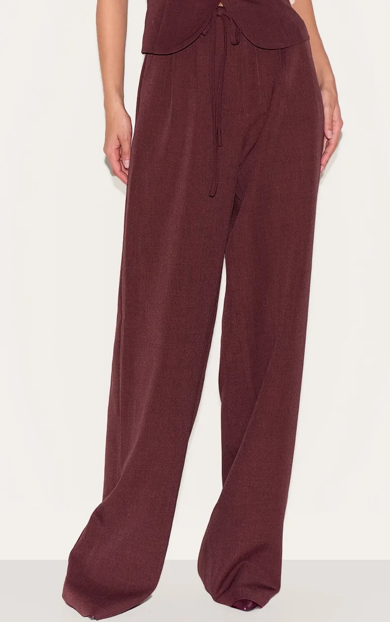 Wine Tailored Tie Detail Woven Wide Leg Trousers - 1