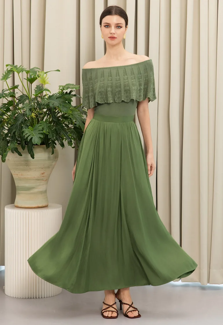 Flowing Draped Pleats High-Waist Maxi Skirt in Green for Weekend Brunches & Sunset Dinners - 1