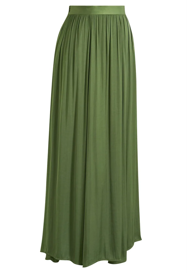 Flowing Draped Pleats High-Waist Maxi Skirt in Green for Weekend Brunches & Sunset Dinners - 10