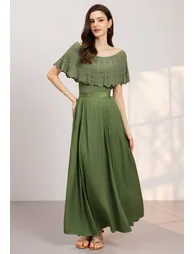Flowing Draped Pleats High-Waist Maxi Skirt in Green for Weekend Brunches & Sunset Dinners - 3