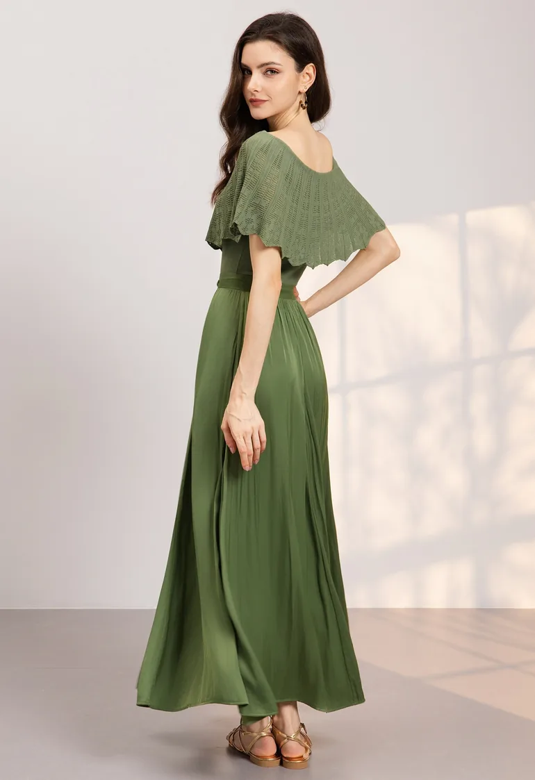 Flowing Draped Pleats High-Waist Maxi Skirt in Green for Weekend Brunches & Sunset Dinners - 4