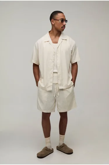St Tropez Back Print Oversized Shirt & Short Set - natural