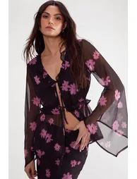 Ditsy Chiffon Ruffle Tie Front Fluted Sleeve Top - 1