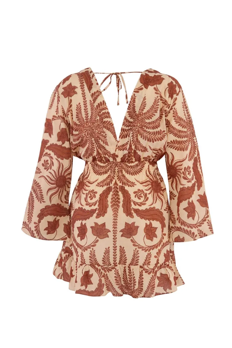 Brown Patterned Spanish Sleeve Skater Mini Woven Beach Dress - 4