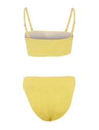 Yellow Strapless Covered Textured High Waist High Leg Bikini Set - 3