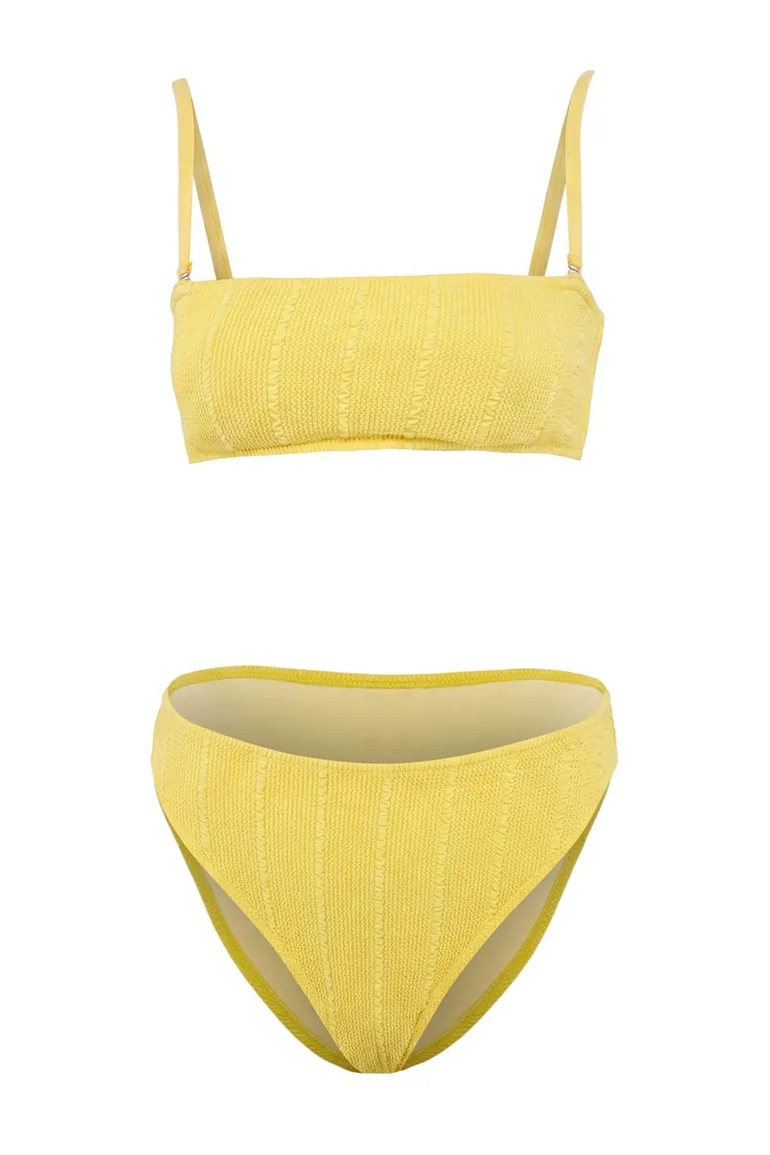 Yellow Strapless Covered Textured High Waist High Leg Bikini Set - 1