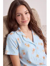 Blue 100% Cotton Teddy Bear Patterned Knitted Pajamas Set - 6