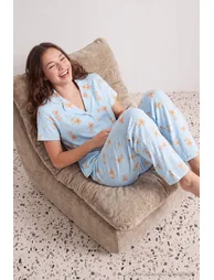 Blue 100% Cotton Teddy Bear Patterned Knitted Pajamas Set - 5