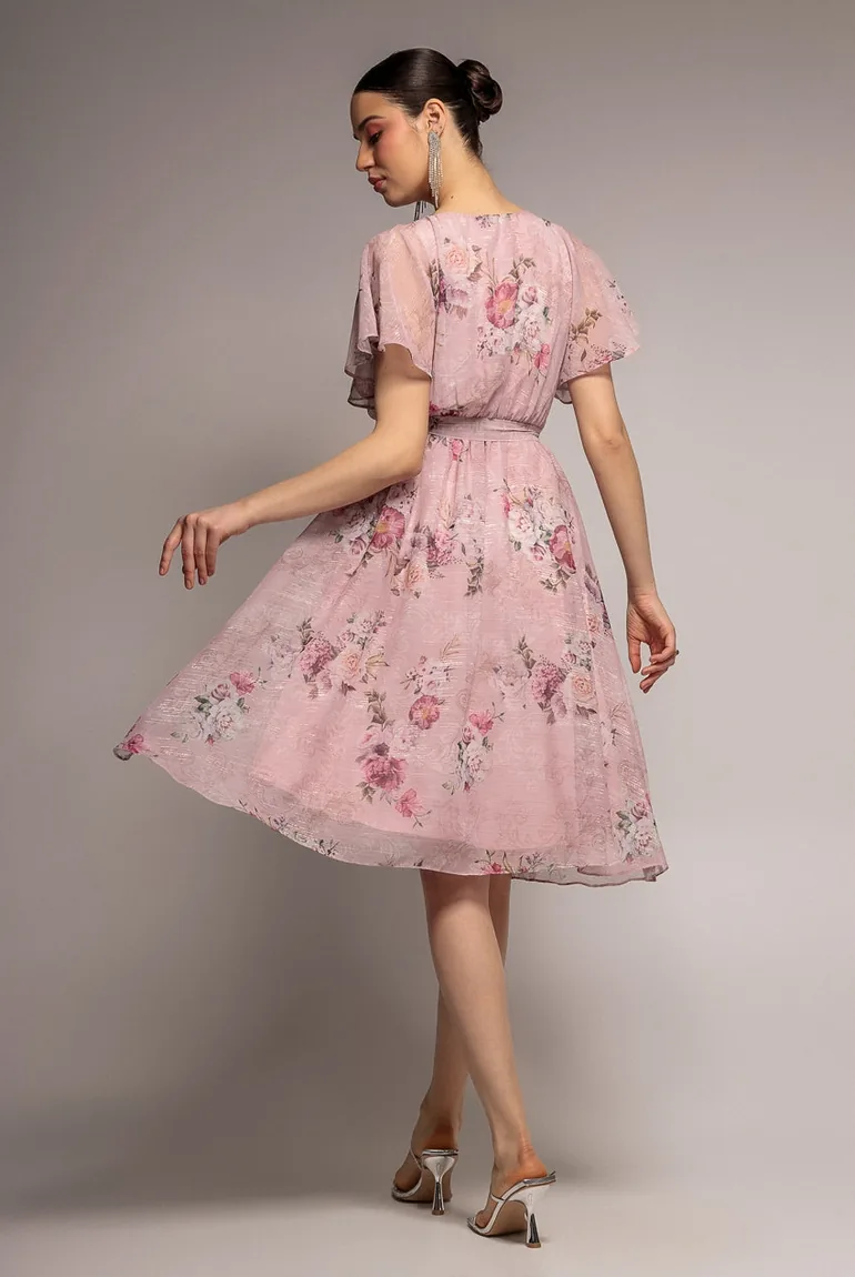Printed Lurex A-Line Flutter Sleeve Midi Dress - Blush Pink by Goddiva - 1