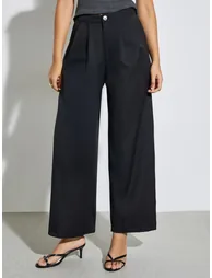 Black Solid Casual Wide Leg Pants - 1