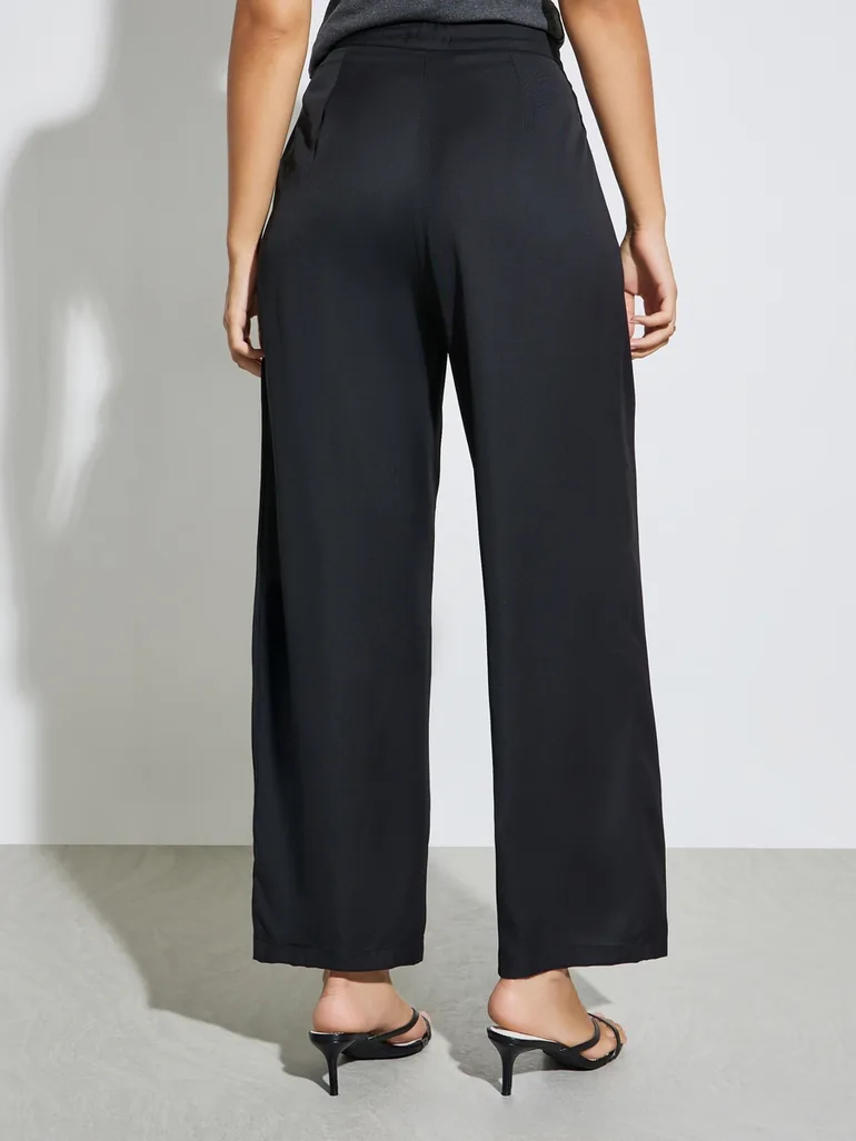 Black Solid Casual Wide Leg Pants - 3