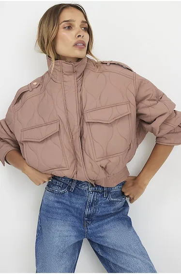 Pink Quilted Funnel Neck Bomber Jacket