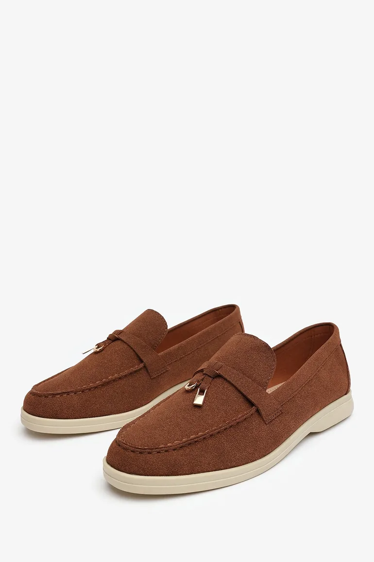 Charming Slip On Suede Loafers Metal Trim Tassel in Brown - 1
