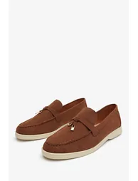 Charming Slip On Suede Loafers Metal Trim Tassel in Brown - 1