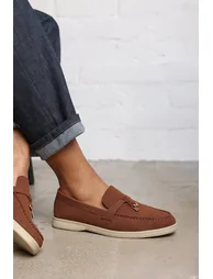 Charming Slip On Suede Loafers Metal Trim Tassel in Brown - 4