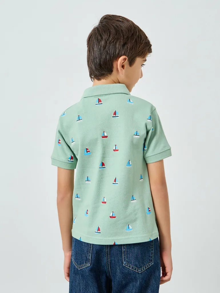 Boys Green Printed Polo T-Shirt - 3