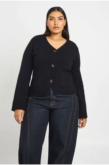 Plus Cinched Waist Knitted Cardigan - black