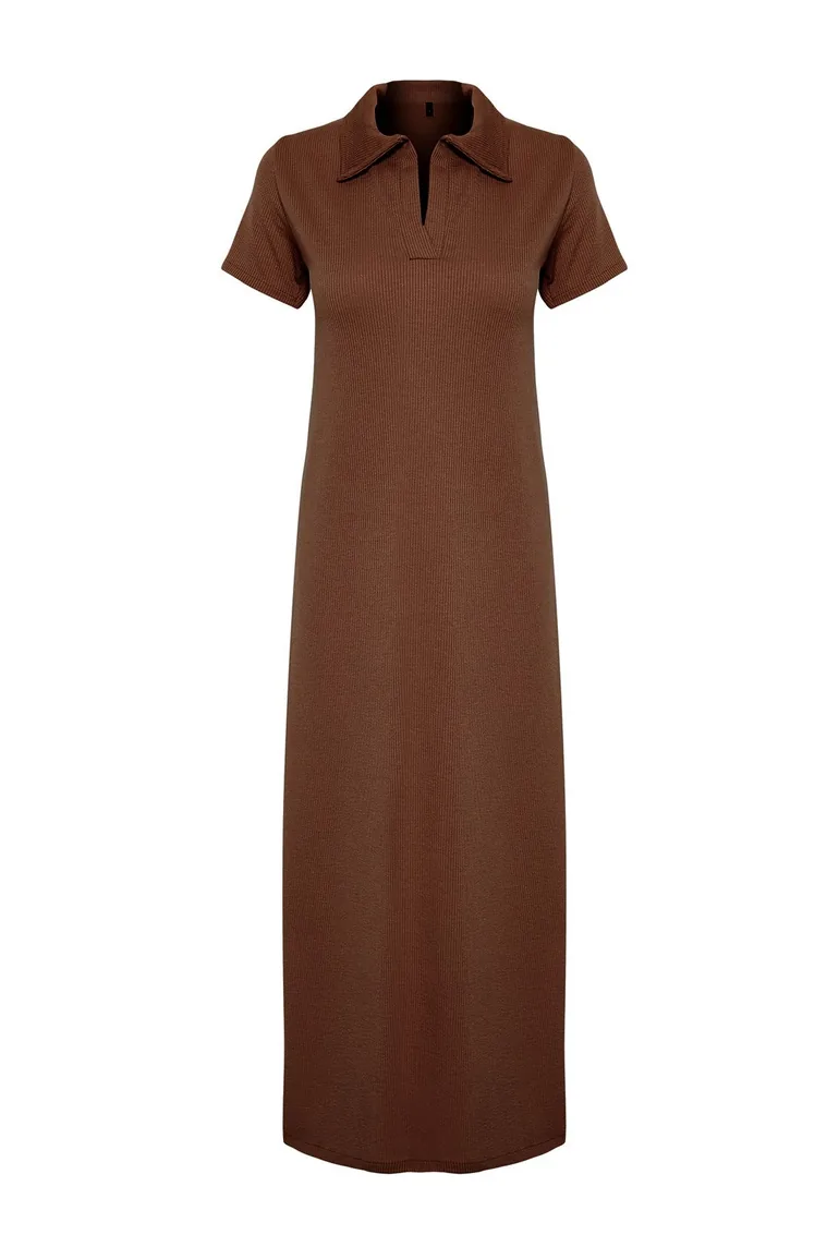 Brown Polo Neck Shift/Nromal Cut  Knitted Dress - 6