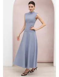 Tailored Seam Button-Back Sleeveless Maxi Dress in Dusty Blue for City Walks & Office Wear - 2