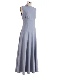 Tailored Seam Button-Back Sleeveless Maxi Dress in Dusty Blue for City Walks & Office Wear - 10