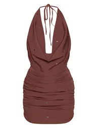 Mocha Woven Cowl Neck Stud Mini Dress - 4