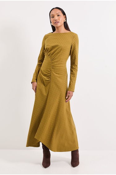 Ruched Detail Textured Jersey Jacquard Maxi Dress