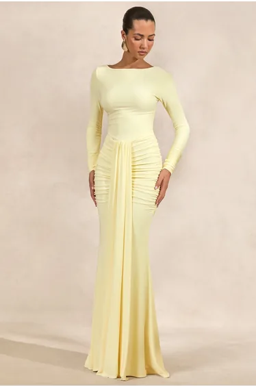 Liatris | Lemon Wide-Neck Maxi-Dress With Gathered-Detailing