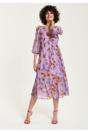 Women's Midi Dress in Purple Floral with V-Neck and 3/4 Kimono Sleeves.