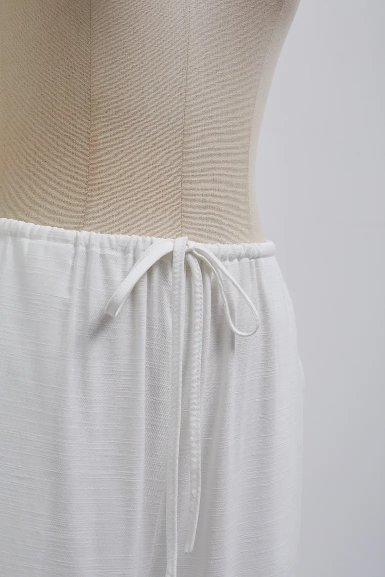Deep V-Neck Collared Shirt and Drawstring Pants Set in White - 11