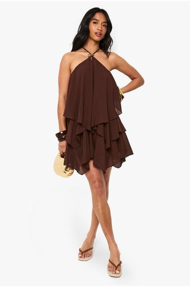 Petite Halterneck Gold Trim Tiered Mini Dress