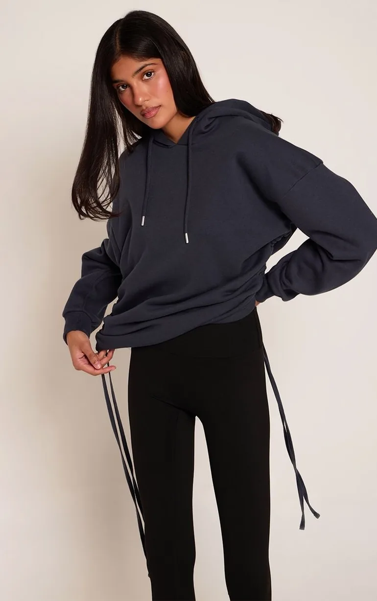 Navy Ruched Side Oversized Hoodie