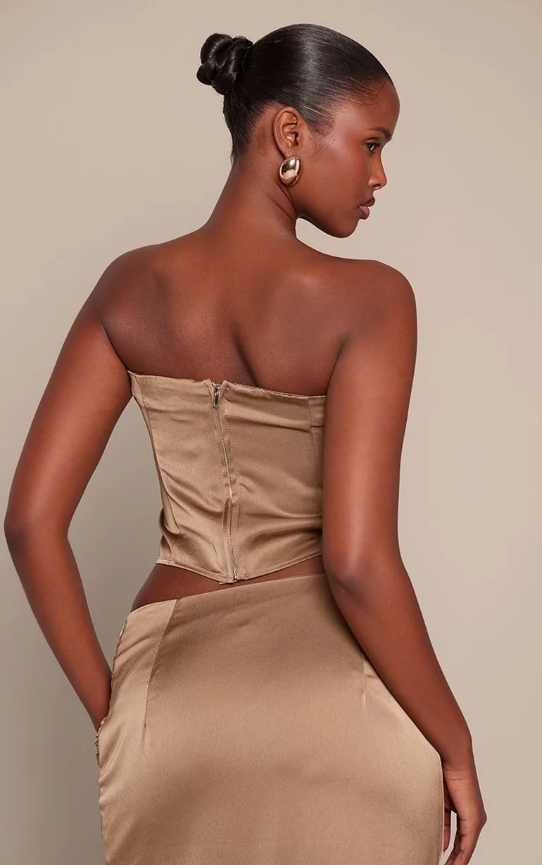Golden Olive Satin Ruched Bandeau Top - 1