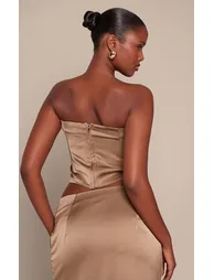 Golden Olive Satin Ruched Bandeau Top - 1